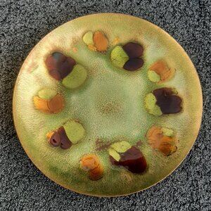 Vintage Enamel on Copper Gold Green 7" Dish Bowl Signed